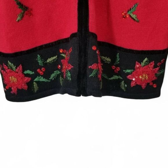 Vintage Tiara International Christmas Mistletoe & Poinsettia Full-Zip Sweater - Picture 2 of 5